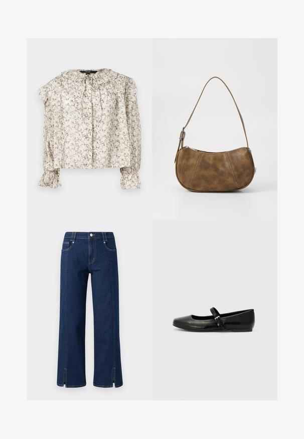 Lette, cremeklædte bluse med små blomstertryk. Har en rynket krave, bindebånd og sammensynede ærmer med vide manchetter. Fem knapper.; Mørkeblå denim wide-leg jeans med høj talje, der har sidelommer, frontlukning med knap og slidser i kanten for ekstra detaljer.; Sorte læder balletflade med rund tå, flad sål og en tynd justerbar rem over svangen med en metalspænde.; Brun faux læder skuldertaske med en buet form, en enkelt strop, kontrasterende syninger og en lynlåslukning langs den øverste kant.