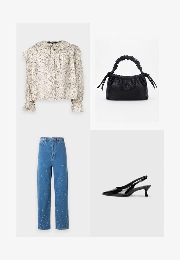 Lette, cremeklædte bluse med små blomstertryk. Har en rynket krave, bindebånd og sammensynede ærmer med vide manchetter. Fem knapper.; Lyseblå, højtaljede jeans med lige ben, fremstillet med slidte detaljer med små revner og et klassisk design med fem lommer.; Sorte patenterede slingback-sko med spidse tæer og lav blokhæl. Justerbar spænde-rem ved anklen.; Sort taske med krokodilletekstur, rynket øverste kant, samlet hank og snore med kvaster på hver side mod en hvid baggrund.