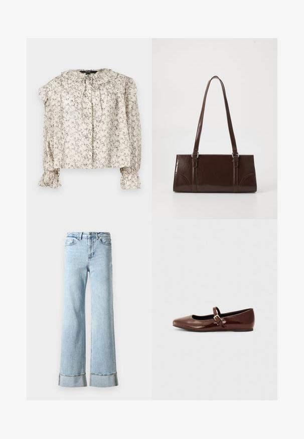 Lette, cremeklædte bluse med små blomstertryk. Har en rynket krave, bindebånd og sammensynede ærmer med vide manchetter. Fem knapper.; Lysblå denim jeans med brede ben, frynset kant og dekorative rhinsten detaljer ved manchetterne. Standard fem-lomme design.; Brun patentlæder balletflade med firkantet tå og strop med en lille guldbuckle. Glat tekstur, lav hæl og minimalistisk design.; Brun lakeret håndtaske med rektangulær form, to lange håndtag og subtile buede detaljer på fronten.