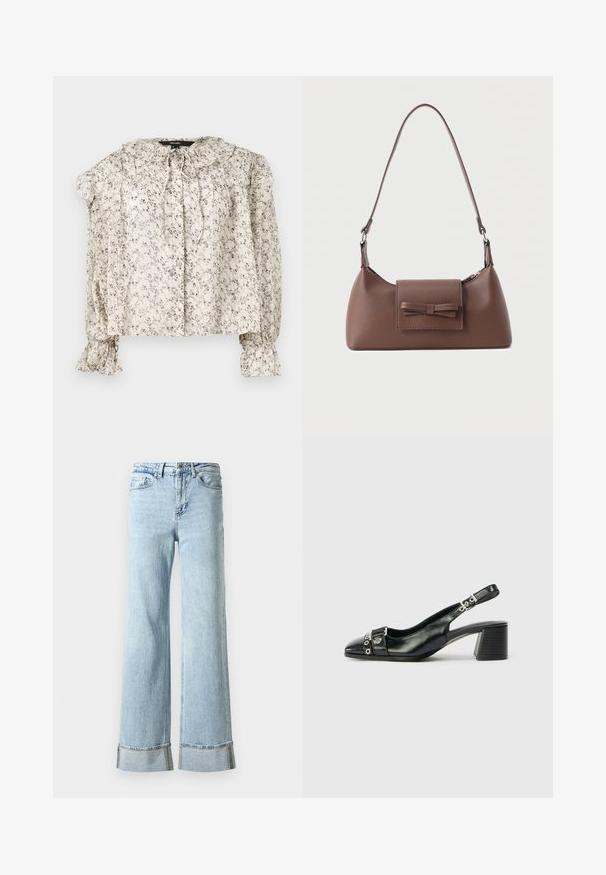 Lette, cremeklædte bluse med små blomstertryk. Har en rynket krave, bindebånd og sammensynede ærmer med vide manchetter. Fem knapper.; Lysblå denim jeans med brede ben, frynset kant og dekorative rhinsten detaljer ved manchetterne. Standard fem-lomme design.; Sorte læder slingback hæl med spids tå, tekstureret rem med cirkulære metalliske accenter, og en stablet blokhæl.; Brun skuldertaske i læder med en frontlomme med klap, der har en sydd sløjfedetalje, og en justerbar rem.