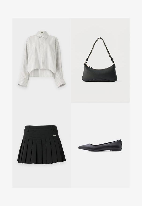Stribet bluse med en cropped design, lavet af let væv. Har knaplukning foran, krave og brede, rullede manchetter. Lys grå og hvid.; Sort plisseret nederdel lavet af letvægtsstof med flad taljebånd og lille metallisk logo på forsiden til venstre.; Sort flad lædersko med spidst tåparti og lav hæl, vist i sideprofil mod en hvid baggrund.; Sort skuldertaske i læder med en buet rektangulær form, gyldent kæde vævet ind i en flettet sort rem og toplynlås.