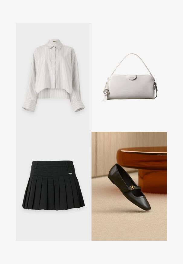 Stribet bluse med en cropped design, lavet af let væv. Har knaplukning foran, krave og brede, rullede manchetter. Lys grå og hvid.; Sort plisseret nederdel lavet af letvægtsstof med flad taljebånd og lille metallisk logo på forsiden til venstre.; Sort læder flad sko med spids tå og gyldent CK-logo på rem, placeret på beige tæppe nær et rundt ravbrunt bord.; Hvid rektangulær Calvin Klein håndtaske med enkelt håndtag, minimalistisk design og dekorative kvaster med geometrisk metalvedhæng på siden.