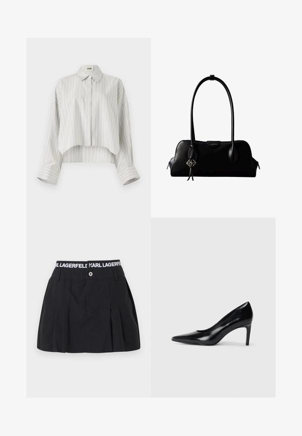 Stribet bluse med en cropped design, lavet af let væv. Har knaplukning foran, krave og brede, rullede manchetter. Lys grå og hvid.; Sort plisseret nederdel med en bred elastisk talje med hvid "KARL LAGERFELD" tekst; inklusiv frontknaplukning og glat tekstur.; Sort læder højhælede sko med spids tå, glat tekstur og en taperet hæl. Minimalistisk design uden yderligere udsmykninger.; Sort lædertaske fra Calvin Klein med lange håndtag, en forside-logo-tag og en sølv geometrisk vedhæng, der hænger fra det ene håndtag.