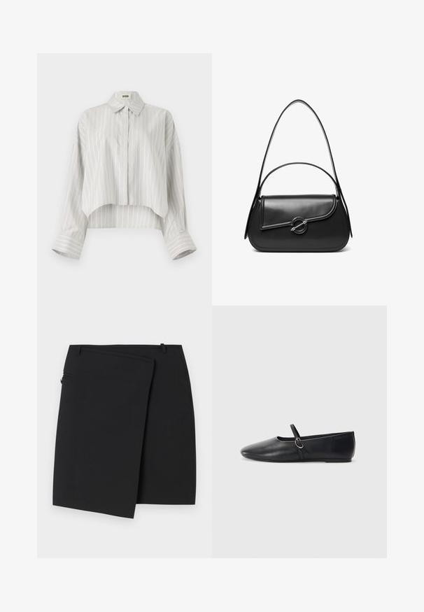 Gestreepte blouse met een cropped ontwerp, gemaakt van lichtgewicht stof. Voorzien van een knoopsluiting aan de voorkant, kraag en brede, opgerolde manchetten. Lichtgrijs en wit.; Zwarte wikkelrok met een soepele textuur, voorzien van een ritssluiting aan de zijkant en twee riemlussen. Eenvoudig ontwerp zonder zichtbare patronen of accenten.; Zwarte leren balletschoenen met een spitse neus, platte zool en een kleine strap met een zilveren gespsluiting.; Zwarte leren schoudertas met een gebogen klep die is bevestigd met een ronde metalen sluiting en een smalle, verstelbare band.