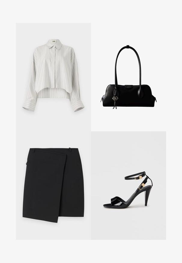 Stribet bluse med en cropped design, lavet af let væv. Har knaplukning foran, krave og brede, rullede manchetter. Lys grå og hvid.; Sort omslag nederdel med en glat tekstur, der har en lynlås i siden og to bæltestropper. Simpelt design uden synlige mønstre eller detaljer.; Sorte patentlæder højhælede sandaler med dobbelte ankelremme og guldspænder, åben tå og slank taperet hæl på neutral baggrund.; Sort lædertaske fra Calvin Klein med lange håndtag, en forside-logo-tag og en sølv geometrisk vedhæng, der hænger fra det ene håndtag.
