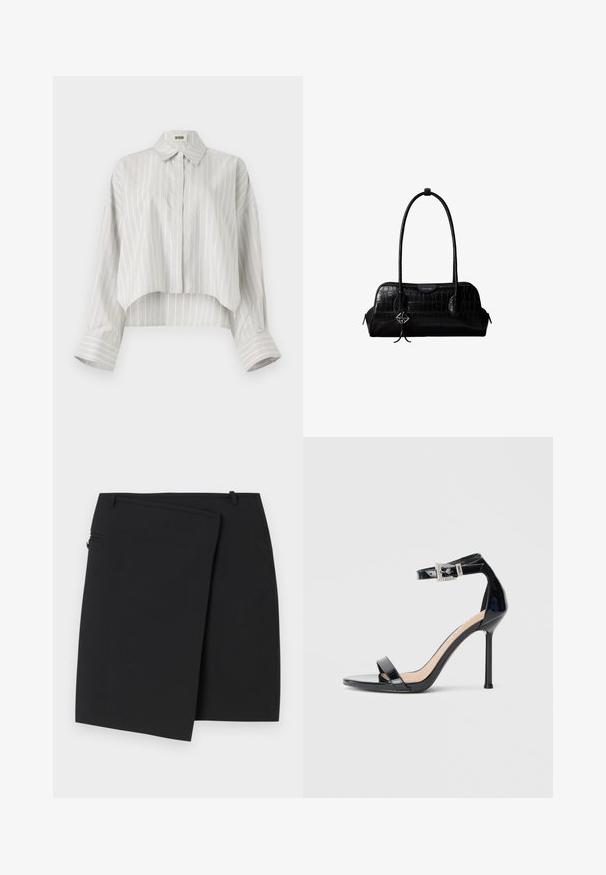 Stribet bluse med en cropped design, lavet af let væv. Har knaplukning foran, krave og brede, rullede manchetter. Lys grå og hvid.; Sort omslag nederdel med en glat tekstur, der har en lynlås i siden og to bæltestropper. Simpelt design uden synlige mønstre eller detaljer.; Sort højhælet sandal i laklæder med ankelrem. Har minimalistisk design, åben tå og spænde med rhinsten-detaljer.; Sort skuldertaske i krokodillelæder med lange stropper og lille sølvlogo-charm på den ene strop.