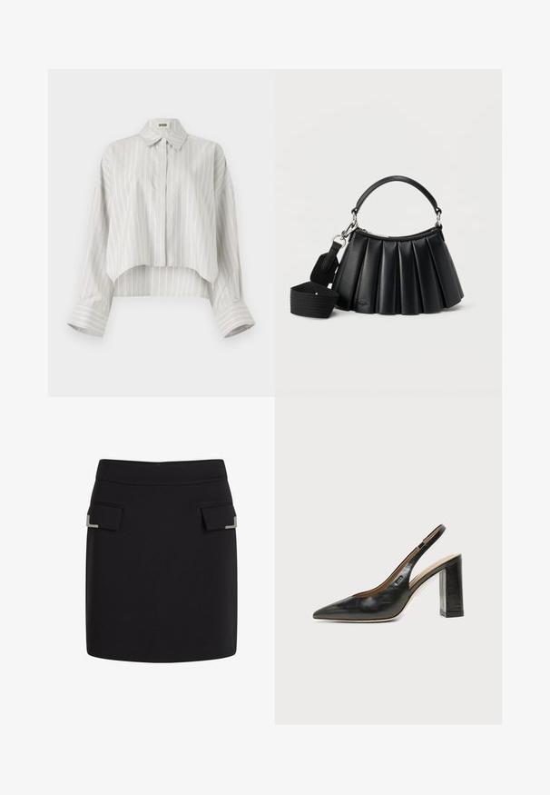 Gestreepte blouse met een cropped ontwerp, gemaakt van lichtgewicht stof. Voorzien van een knoopsluiting aan de voorkant, kraag en brede, opgerolde manchetten. Lichtgrijs en wit.; Zwarte mini-jurk met twee voorflapzakken, elk met een klein zilveren decoratief detail in de hoek.; Zwarte leren slingback schoen met spits toelopend neusje, hoge blokhak en beige binnenvoering tegen een effen lichte achtergrond.; Zwarte leren handtas met plooien, voorzien van een korte handgreep en een afneembare brede stoffen schouderriem, tegen een witte achtergrond.