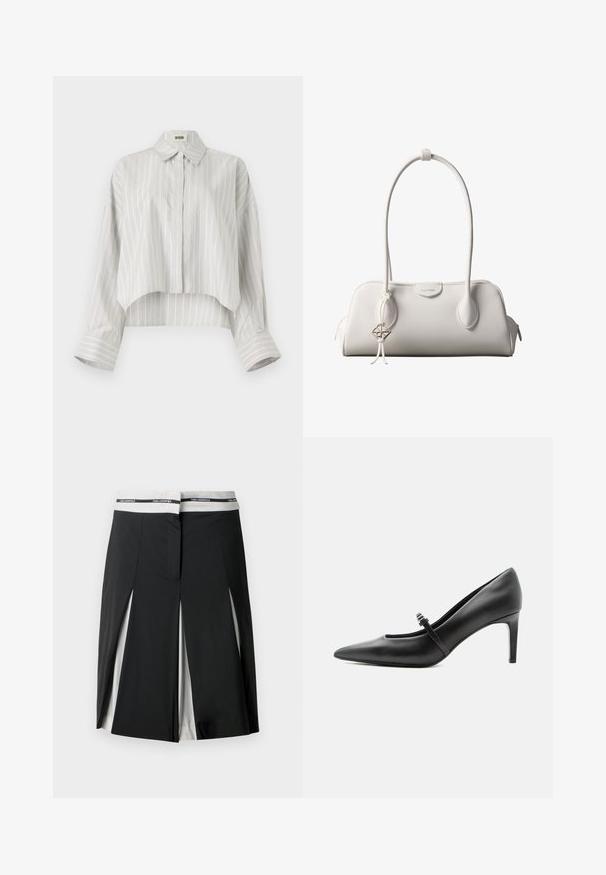Stribet bluse med en cropped design, lavet af let væv. Har knaplukning foran, krave og brede, rullede manchetter. Lys grå og hvid.; Sort midi-nederdel med hvide sidepaneler og slidsdetaljer, med en hvid talje med "KARL LAGERFELD" branding i sort.; Sort læderspids højhælede sko med tynd rem og spænde over vristen, stående på en neutral lys baggrund.; Hvid Calvin Klein skuldertaske med lange håndtag, rektangulær form, lynlåslukning og dekorativt logohæng tæt på håndtaget.