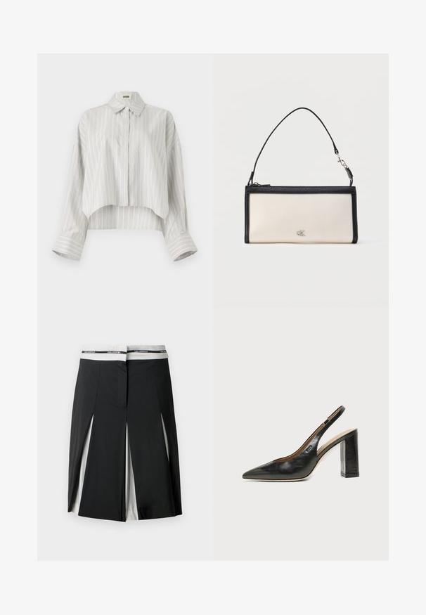 Blusa de rayas con un diseño corto, hecha de tela ligera. Presenta un frente con botones, cuello y puños anchos y doblados. Color gris claro y blanco.; Falda midi negra con paneles laterales blancos y detalles de abertura, con una cinturilla blanca que presenta el logotipo "KARL LAGERFELD" en negro.; Zapato slingback de piel negra con puntera puntiaguda, tacón alto y ancho, y forro interior beige sobre un fondo claro y liso.; Clutch rectangular crema con ribete y asa negros, con un pequeño logo "cK" plateado en el centro delantero.