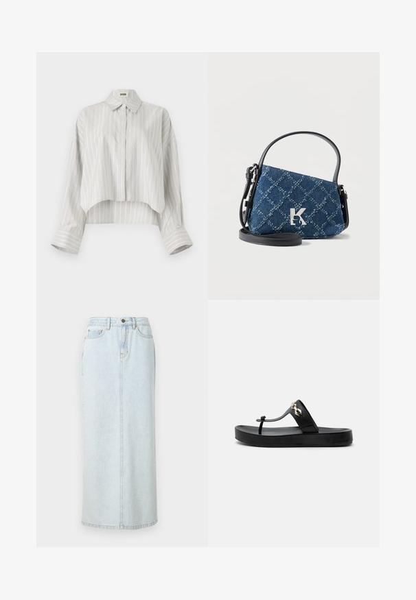 Stribet bluse med en cropped design, lavet af let væv. Har knaplukning foran, krave og brede, rullede manchetter. Lys grå og hvid.; Lyseblå denim maxi-nederdel med lige design, frontknaplukning og synlige syninger. Har to frontlommer.; Sort platåsandal med bred rem med to guldfarvede kædeled på en ensfarvet hvid baggrund.; Lille blå denim håndtaske med quiltet diamantmønster, sort rem og håndtag, sølv metal "K" logo foran.