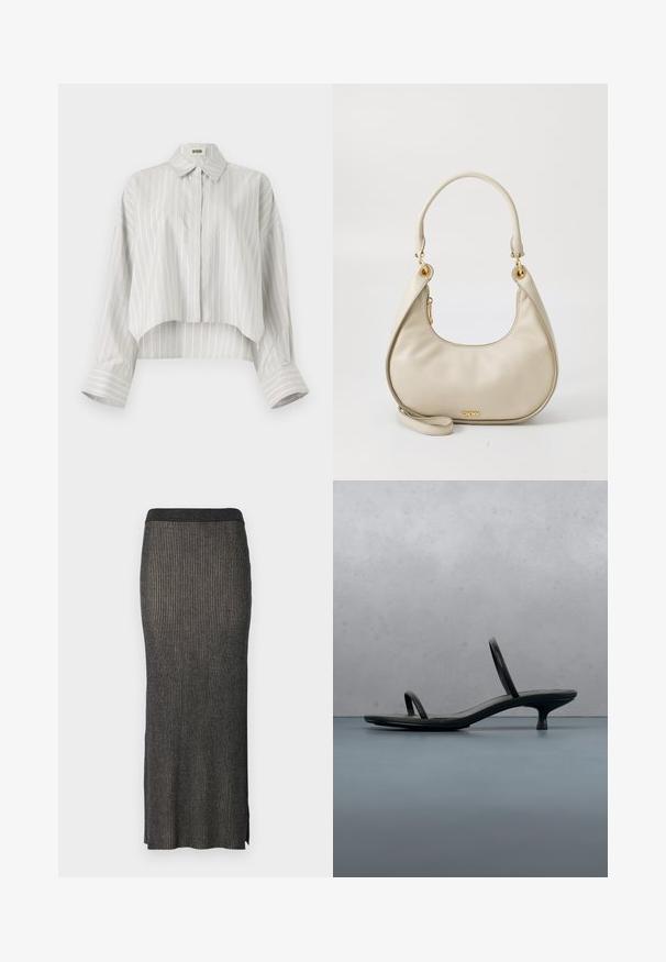 Stribet bluse med en cropped design, lavet af let væv. Har knaplukning foran, krave og brede, rullede manchetter. Lys grå og hvid.; Strikket midi-nederdel i mørkegrå med lodret ribbing, en tætsiddende silhuet og slidser i kanten for nem bevægelse. Blødt, tekstureret stof.; Sort Calvin Klein sandal med hæl og tynde stropper, balancerende på træfliser udendørs nær en væg og grønne planter.; Beige pebbled lædertaske med en buet form, top-håndtag og hardware i guldtonet. Har en lynlåslukning og en aftagelig rem.