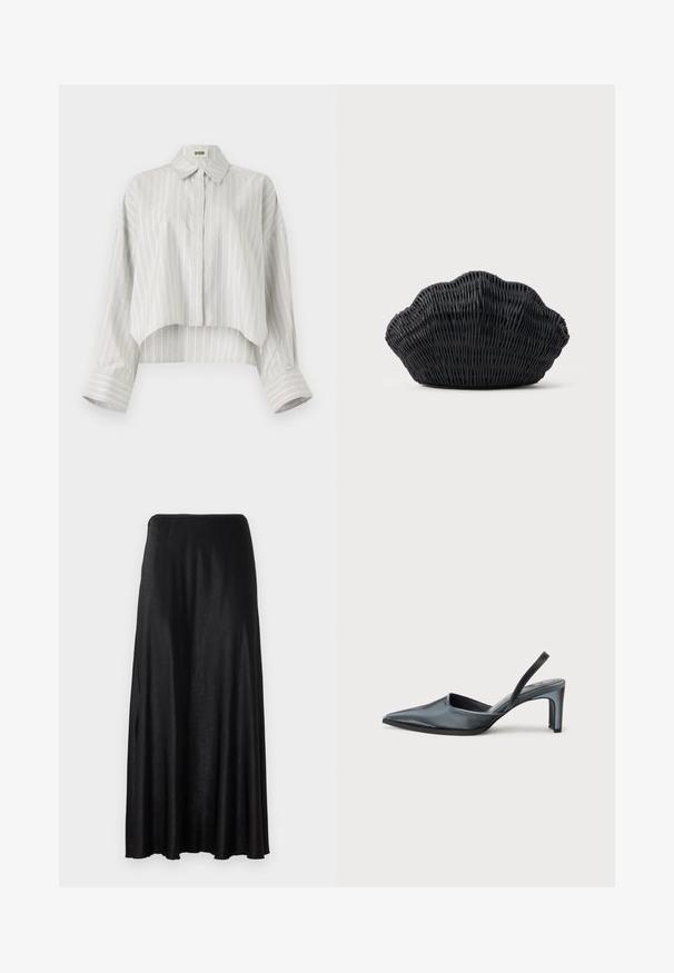 Blusa de rayas con un diseño corto, hecha de tela ligera. Presenta un frente con botones, cuello y puños anchos y doblados. Color gris claro y blanco.; Falda negra de longitud hasta el suelo hecha de una tela suave y ligera. Presenta un diseño sencillo y sin costuras con una cinturilla elástica.; Tacón destalonado negro con punta puntiaguda, acabado de satén elegante y tacón delgado de 3 pulgadas. Diseño lateral abierto con detalle mínimo de costuras.; Bolso de mimbre negro con forma de concha de vieira con parte superior curva y textura tejida sobre un fondo liso.