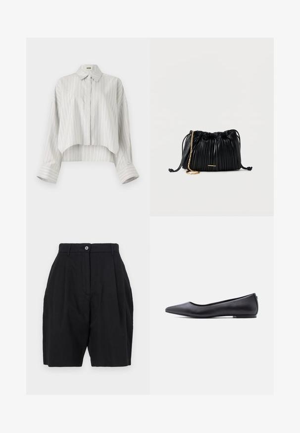 Stribet bluse med en cropped design, lavet af let væv. Har knaplukning foran, krave og brede, rullede manchetter. Lys grå og hvid.; Sorte skræddersyede shorts lavet af letvægtsstof, med plisseret front, knaplukning og sidelommer.; Sort flad lædersko med spidst tåparti og lav hæl, vist i sideprofil mod en hvid baggrund.; Sort læderhåndtaske med plisseringer, snorelukning, guldkæde som rem og lille horisontalt guldakcent foran.
