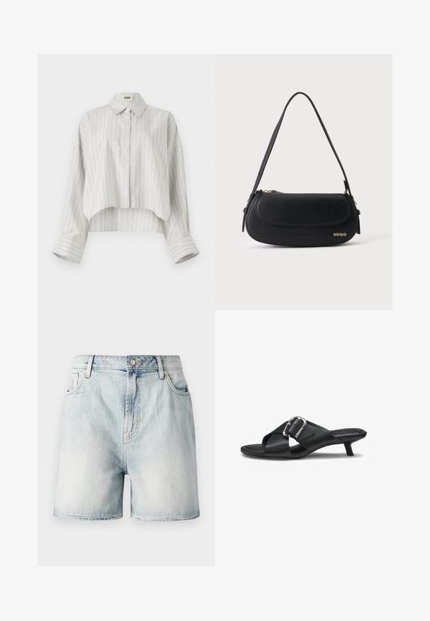 Blusa de rayas con un diseño corto, hecha de tela ligera. Presenta un frente con botones, cuello y puños anchos y doblados. Color gris claro y blanco.; Pantalones cortos de mezclilla azul claro con cierre de botón, cinco bolsillos y una textura deslavada. Corte recto con un diseño clásico.; Sandalia tipo slide de cuero negro con un pequeño tacón bajo tipo kitten, tiras anchas en cruz y un gran detalle de hebilla plateada en el lateral.; Bolso de hombro de cuero negro con solapa curva, logo dorado "HUGO" en el frente y una correa ajustable.