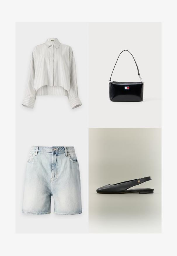 Gestreepte blouse met een cropped ontwerp, gemaakt van lichtgewicht stof. Voorzien van een knoopsluiting aan de voorkant, kraag en brede, opgerolde manchetten. Lichtgrijs en wit.; Lichtblauwe denim shorts met een knoopsluiting, vijf zakken en een vervaagde textuur. Rechte pasvorm met een klassiek ontwerp.; Zwarte leren slingback platte schoen met spits toelopende neus en gouden logo-accent op het bandje, weergegeven op een neutrale achtergrond.; Zwarte rechthoekige schoudertas met korte strap en Tommy Jeans-logo in rood, wit en blauw op de voorkant in het midden.