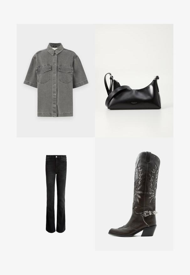 Kortærmet grå denimskjorte med krave, to brystlommer og knaplukning. Har en falmet tekstur og standard pasform.; Sorte flared jeans lavet af denim, med høj talje, fem lommer og sølvfarvet knaplukning. Glat tekstur med subtilt falm.; Sort læder cowboystøvle med dekorative udskæringer, sølvspænde og skrå hæl, vist på hvid baggrund.; Sort læderhåndtaske med en glat tekstur. Har en justerbar stropp og et enkelt, minimalistisk design med lynlås.