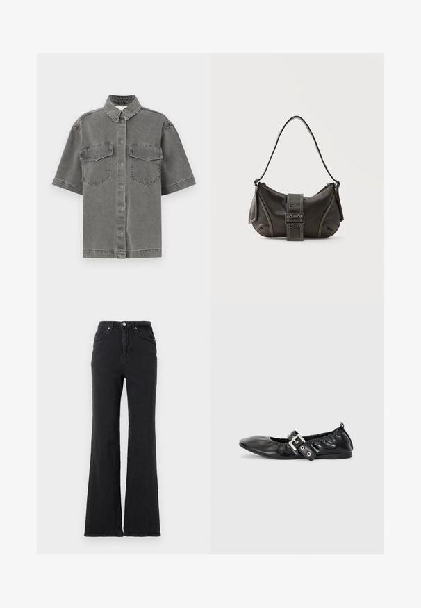 Kortærmet grå denimskjorte med krave, to brystlommer og knaplukning. Har en falmet tekstur og standard pasform.; Sorte højtaljede denimjeans med flagrende ben, frontknap og fem-lommet design mod en helt hvid baggrund.; Sorte læder flade sko med spids tå, samling detaljer omkring åbningen, og en sølv spænde accent på den justerbare rem.; Sort læder skuldertaske med spænde på remmen, afrundede kanter og kontrasterende hvide syninger på en ensfarvet baggrund.