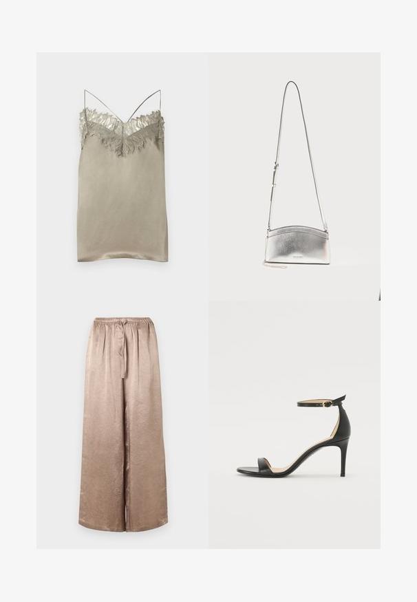 Robe camisole en satin beige avec une délicate bordure en dentelle le long du décolleté et fines bretelles spaghetti, présentée sur un fond blanc.; Pantalon large en satin beige avec taille élastique et cordon, présentant un subtil éclat texturé.; Sandale à talons hauts en cuir noir avec une lanière de cheville. Présente une texture lisse, un bout ouvert et un talon fin. Détail de boucle en ton doré.; Sac bandoulière en métal argenté avec sangle réglable et logo subtil sur le devant, sur fond clair uni.