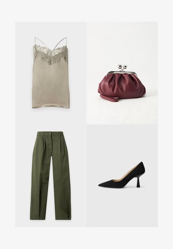 Robe camisole en satin beige avec une délicate bordure en dentelle le long du décolleté et fines bretelles spaghetti, présentée sur un fond blanc.; Pantalon taille haute vert olive à jambes droites avec passants de ceinture, fermeture par boutons, plis devant et détails de couture au genou.; Pompe à talons hauts en suède noir avec un bout pointu, dotée d'un talon bloc noir brillant et d'une doublure intérieure lisse.; Petit sac pochette en cuir bordeaux avec fermoir métallique argenté et bracelet sur fond blanc.
