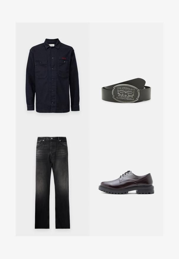 Camisa de mezclilla azul oscuro con mangas largas, cierre frontal de botones, dos bolsillos en el pecho y un pequeño logo rojo "REPLAY" en el bolsillo izquierdo.; Jeans de mezclilla negra con un corte recto, que presentan un efecto degradado descolorido, diseño de cinco bolsillos y acentos de hardware metálico.; Zapato de cuero burdeos oscuro brillante con punta redondeada, diseño de cordones y suela negra resistente con tacos prominentes para mayor tracción.; Cinturón de cuero negro con una hebilla ovalada de plata decorada con gráficos y texto grabados, incluyendo un motivo de caballo y el nombre de la marca.