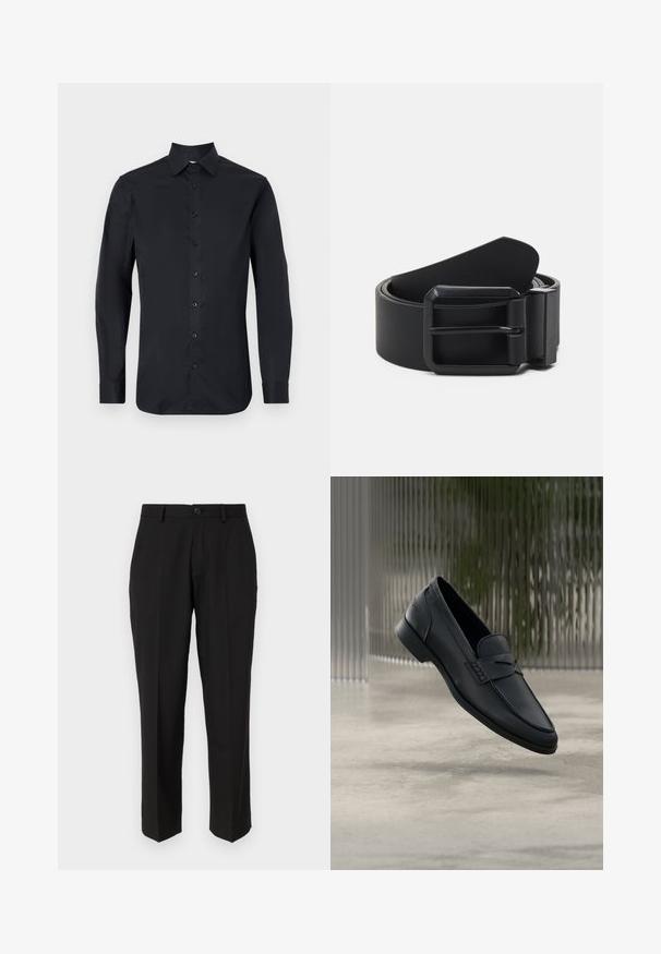 Sort langærmet skjorte lavet af glat stof, med klassisk krave, frontknaplukning og knapmansjetter.; Sorte bukser lavet af glat stof, med lige ben design, forlommer, en enkelt knaplukning, og uden synlige mønstre.; Sort læderloafer med glat finish, spids tå og sømdetaljer over vristen. Lav hæl og minimalistisk design.; Sort læderbælte med en mat sort metalspænde, der har en flad, glat overflade og en spids ende. Enkel design uden udsmykninger.