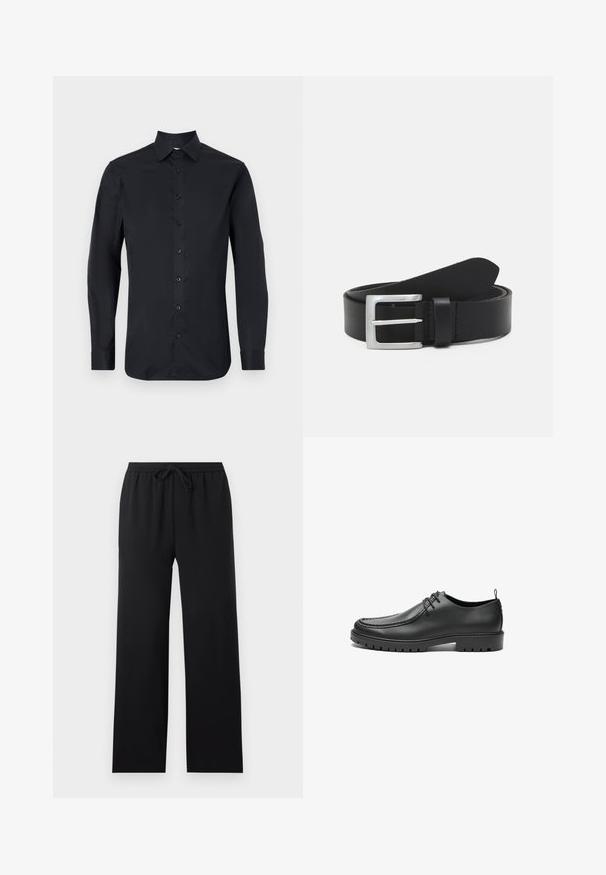 Zwarte longsleeve shirt van gladde stof, met een klassieke kraag, sluiting aan de voorkant met knopen en knoopmanchetten.; Zwarte loszittende broek met elastische tailleband en vooraan trekkoord, rechte pijpen, eenvoudig ontwerp, weergegeven op een neutrale achtergrond.; Zwarte lederen schoenen met een gladde afwerking, ronde neus en decoratieve stiksels. Beschikt over een rubberen zool met tractiegrepen en een vetersluiting.; Zwarte leren riem met een gladde textuur, zilveren rechthoekige gesp en een lus voor het einde. Heeft nette stiksels langs de randen.