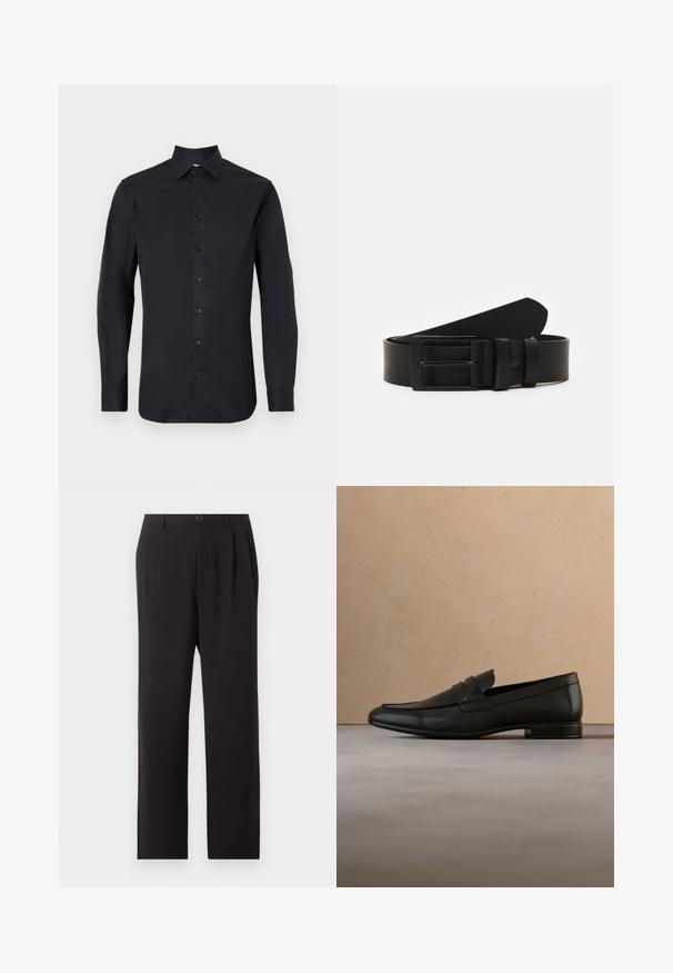 Chemise noire à manches longues en tissu lisse, avec un col classique, une fermeture à boutons à l'avant et des poignets à boutons.; Pantalon noir taille haute sur mesure avec plis, fermeture par boutons, passants de ceinture et jambes droites sur un fond clair uni.; Mocassin en cuir noir flottant au-dessus d'un tapis beige avec un canapé beige dans un intérieur minimaliste.; Ceinture en cuir noir roulée avec une boucle en métal rectangulaire noir mat et deux passants sur fond blanc.