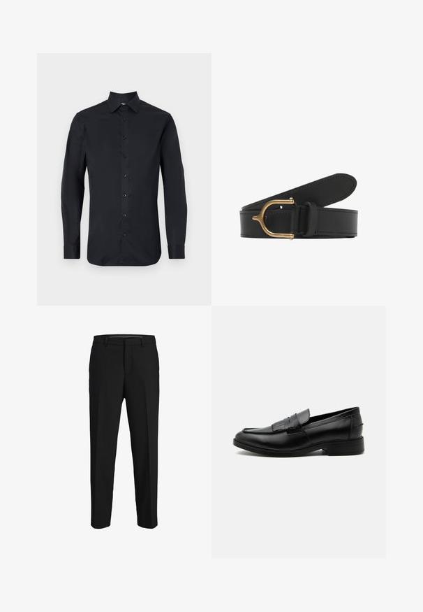 Schwarzes Langarmhemd aus glattem Stoff mit klassischem Kragen, einem frontalen Knopfverschluss und geknöpften Manschetten.; Schwarze Hose aus glattem Material, mit geradem Schnitt, Gürtelschlaufen und flachem Vorderteil ohne sichtbare Muster oder Verzierungen.; Schwarzer Leder-Herrenloafer mit Quasten-Detail, abgerundeter Spitze, niedrigem Absatz und glatter, polierter Oberfläche, von der Seite auf weißem Hintergrund dargestellt.; Schwarzer Ledergürtel mit strukturierter Oberfläche. Verfügt über eine goldfarbene Metallschnalle und abgestepptes Detail entlang der Ränder. Verstellbare Passform.