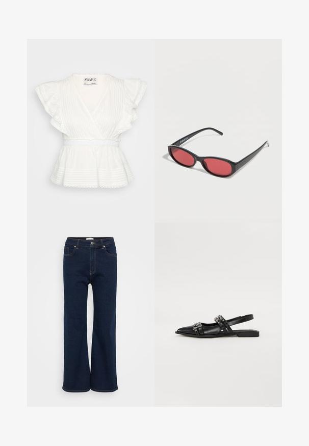 Valge peplum topp, millel on volangiga lühikesed varrukad, rätsepa disain, horisontaalsed ribad, elastne vöökoht ja lainelise servaga detailid.; Tumedat sinised denim laiad püksid, millel on esine nupp ja tõmblukk, viis taskut ning kontrastset õmblust. Sile tekstuur.; Even&Odd Kannarihmaga baleriinad - black; Mustad ovaalsed päikeseprillid õhukeste kätega ja punase tooniga läätsedega, mis puhkavad valgel pinnal.
