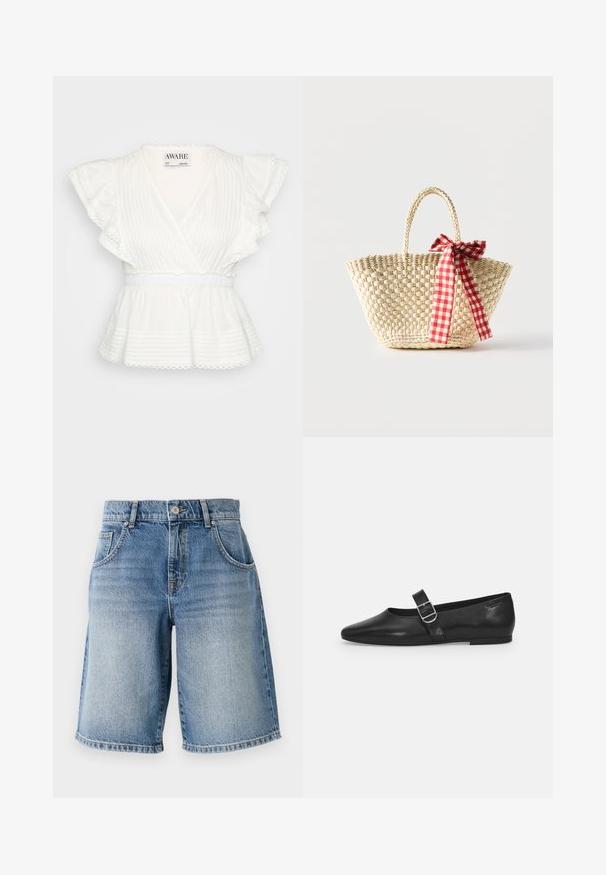 Valge peplum topp, millel on volangiga lühikesed varrukad, rätsepa disain, horisontaalsed ribad, elastne vöökoht ja lainelise servaga detailid.; Heledad shorts helesin sinises, sirge lõikega, viie tasku ja pronksist võtmetega. Omab narmendavat äärt ja pleekinud pesu tekstuuri.; Must värvi nahast tasased kingad ümarate varvastega, ühe reguleeritava paelaga ja siledat, läikivat pinda. Minimalistlik disain madala kontsaga.; Kootud õlekott punutud käepidemete ja ühel küljel vibu moodustava punase-vahtrarohelise ruudulise paelaga.