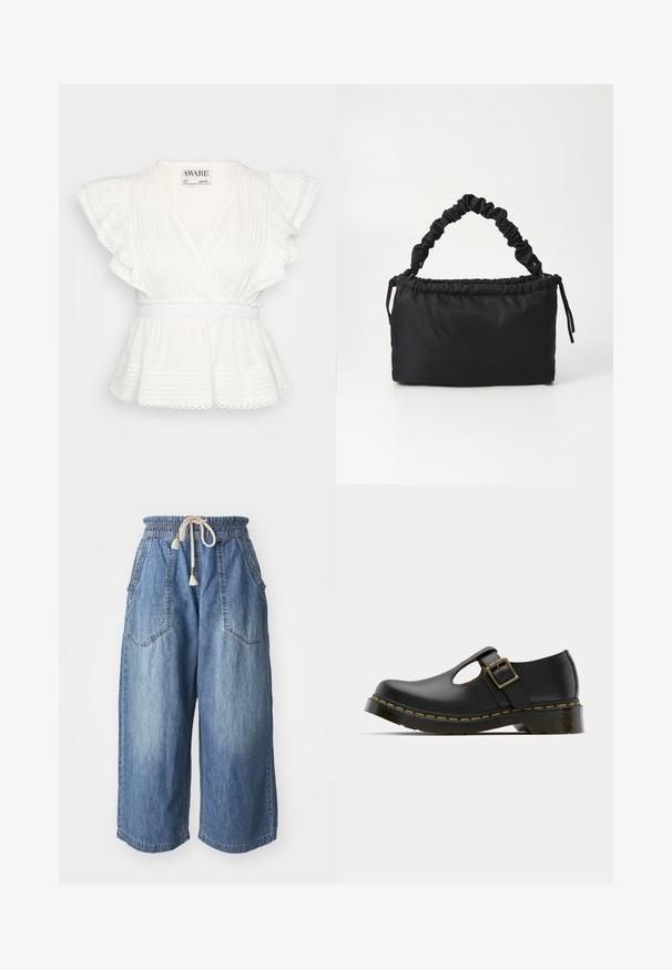 Valge peplum topp, millel on volangiga lühikesed varrukad, rätsepa disain, horisontaalsed ribad, elastne vöökoht ja lainelise servaga detailid.; Denim culotte püksid elastse vöökoha ja paelaga. Omavad kahte küljetaskut ja pleekinud sinist värvi, sirgete laiade jalgadega.; Must mustad jalan выполненный черным кожу с округлым носком, застежкой на щиколотке и пряжкой, низким каблуком и желтой строчкой по периметру подошвы. Гладкая текстура по всей поверхности.; Must värvitud must kott, mis on valmistatud pehmest ja siledast kangast. Omab kokku tõmmatud käepidet ja nööriga sulgemist, on ristküliku kujuga ning sellel pole nähtavat metallist osade.