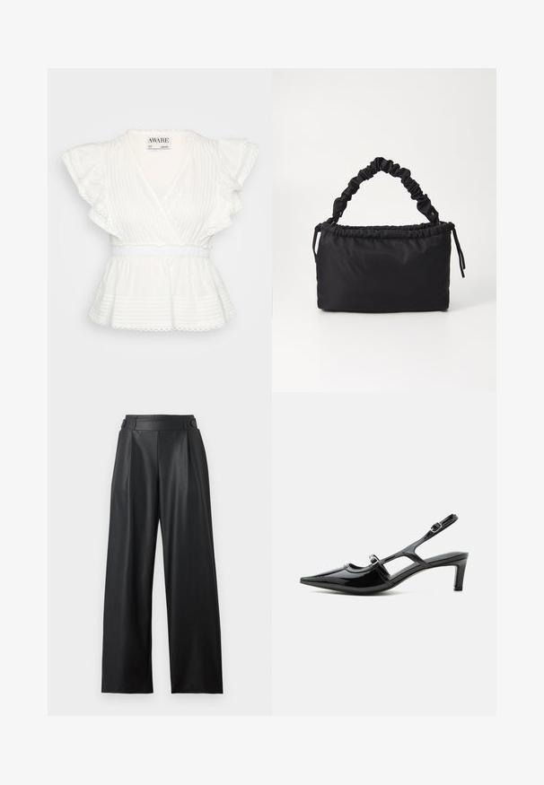 Valge peplum topp, millel on volangiga lühikesed varrukad, rätsepa disain, horisontaalsed ribad, elastne vöökoht ja lainelise servaga detailid.; Mustad laia säärega kunstnahast püksid kõrge vöökohaga, nööpidega vöökohas ja esipoolse voltidega.; Mustast lakknahast teravate otstega tagant avatud king madala kandaga ja kahe reguleeritava pannaldega rihmaga, näidatud külgvaates.; Must värvitud must kott, mis on valmistatud pehmest ja siledast kangast. Omab kokku tõmmatud käepidet ja nööriga sulgemist, on ristküliku kujuga ning sellel pole nähtavat metallist osade.