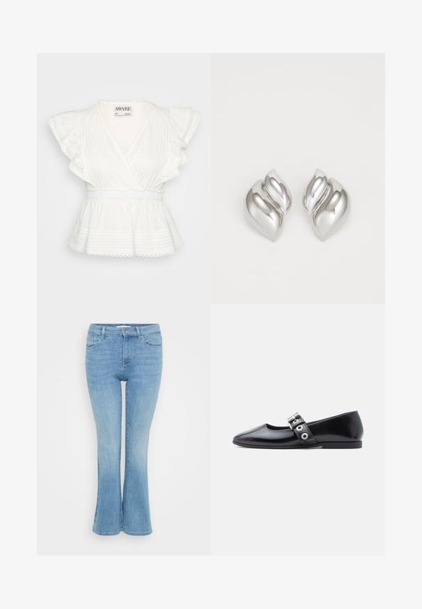 Valge peplum topp, millel on volangiga lühikesed varrukad, rätsepa disain, horisontaalsed ribad, elastne vöökoht ja lainelise servaga detailid.; ONLY Petite ONLANN MID - Alt laienevad teksad - light blue denim; Must lakknast tasase tallaga, kandilise nina, külje detailiga pandlaga ja madala ümaraga kontsaga. Ühtlane tekstuur ja minimalistlik disain.; Hõbedased kõrvarõngad orgaanilise ja abstraktse kujuga. Siledad, läikivad pinnad ja kitsenev disain. Omavad peeneid kõverusi ja keskset joondetaili.