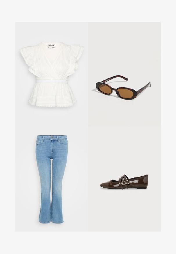 Biely peplum top s volánovými krátkymi rukávmi, zavinovacím dizajnom, horizontálnymi prúžkami, elastickým pásom a detailmi s vlnkovaným lemom.; ONLY Petite ONLANN MID - Zvonové džínsy - light blue denim; Hnedá lakovaná balerína s špicatou špičkou a tromi nastaviteľnými prackami na boku, zobrazená z vonkajšieho profilu.; Oválne slnečné okuliare s motívom korytnačky, hnedými tónovanými šošovkami a tenkými stranicami, odpočívajúce na bielom povrchu.