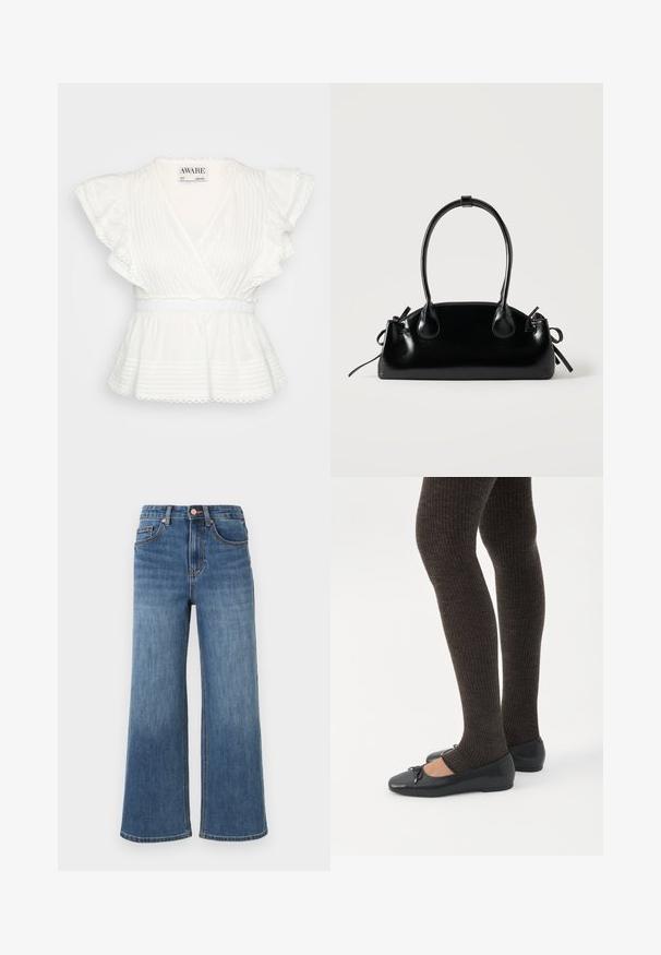 Biely peplum top s volánovými krátkymi rukávmi, zavinovacím dizajnom, horizontálnymi prúžkami, elastickým pásom a detailmi s vlnkovaným lemom.; Modré rifľové nohavice s širokými nohavicami, piatimi vreckami, zapínaním na gombíky a pútkami na opasok, zobrazené na jednoduchom svetlom pozadí.; Nohy v tmavých pásikavých legínach v kombinácii s čiernymi balerínkami s malými mašličkami na bielom pozadí.; Malá čierna lesklá kabelka s dvoma dlhými rúčkami a bočnými šnúrkovými detailmi na jednoduchom svetlom pozadí.