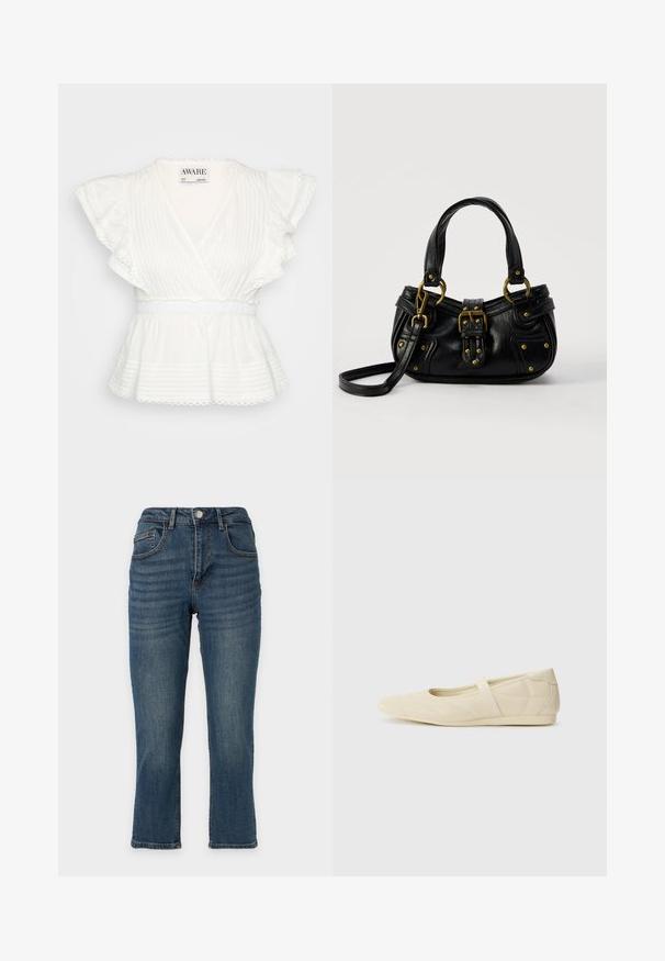 Biely peplum top s volánovými krátkymi rukávmi, zavinovacím dizajnom, horizontálnymi prúžkami, elastickým pásom a detailmi s vlnkovaným lemom.; Modré džínsy s rovným strihom nohavíc, klasický päťvreckový dizajn, zapínanie na gombík a jemné vyšúchané detaily na stehnách.; Béžové baletky s hladkým koženým povrchom, mandľovým tvarom špičky a elastickým pásikom cez priehlavok, so subtílnymi švovými detailmi.; Čierna kožená kabelka so zlatou prackou a nitmi, krátkymi rúčkami a nastaviteľným popruhom cez rameno na čistom bielom pozadí.