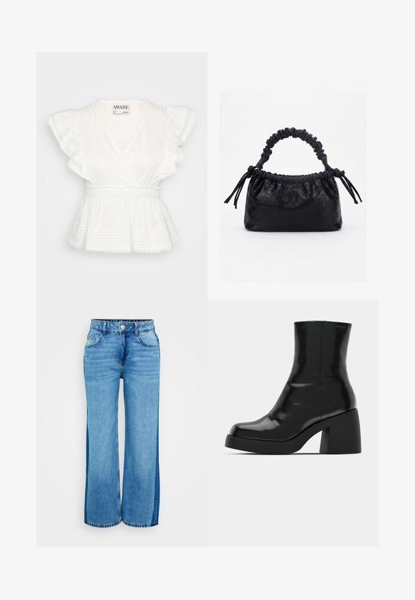 Biely peplum top s volánovými krátkymi rukávmi, zavinovacím dizajnom, horizontálnymi prúžkami, elastickým pásom a detailmi s vlnkovaným lemom.; Svetlomodré široké denimové nohavice s vysokým pásom, vybavené dvoma prednými vreckami, zapínaním na gombíky a kontrastnými bočnými panelmi.; Čierne členkové topánky s lesklým povrchom, štvorcovou špičkou a širokým blokovým opätkom. Dizajn sa vyznačuje bezšvovou siluetou a minimálnym brandingom.; Čierna kabelka s krokodíľou textúrou, riaseným horným okrajom, zhromaždenou rukoväťou a šnúrkami s strapcami na každej strane na bielom pozadí.