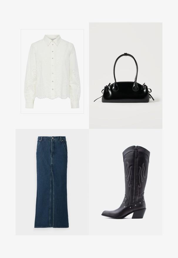 Hvid bluse med lange ærmer og knaplukning foran, der har blomstermønster med hulbroderi og bølget kant. Blødt bomuldsstof og struktureret krave.; Good American FIT AND FLARE MAXI SKIRT - Denimnederdele - indigo; Sorte cowboystøvler i læder med spids tå, synlige sømme, sølvfarvede nitte-detaljer og lynlås på den indvendige side.; Lille sort blank håndtaske med to lange håndtag og snøre-detaljer i siden på en ensfarvet lys baggrund.