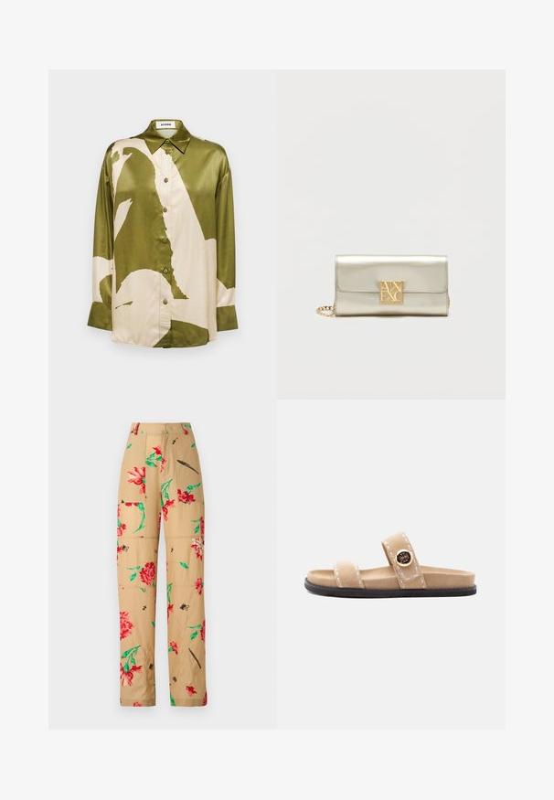 Chemise en satin vert olive et crème, ornée d'un grand motif abstrait, col pointu et patte de boutonnage à l'avant avec manches longues.; Pantalons à motif floral avec un fond beige, ornés de fleurs rouges et vertes et d'accents noirs. Design ample avec des poches latérales.; Sandale mule en daim beige avec deux lanières, coutures blanches, un emblème rond doré sur la lanière supérieure et une semelle plate noire.; Sac à main métallisé argent avec un fermoir en forme de logo doré et une chaîne, présentant une texture lisse et une forme rectangulaire.