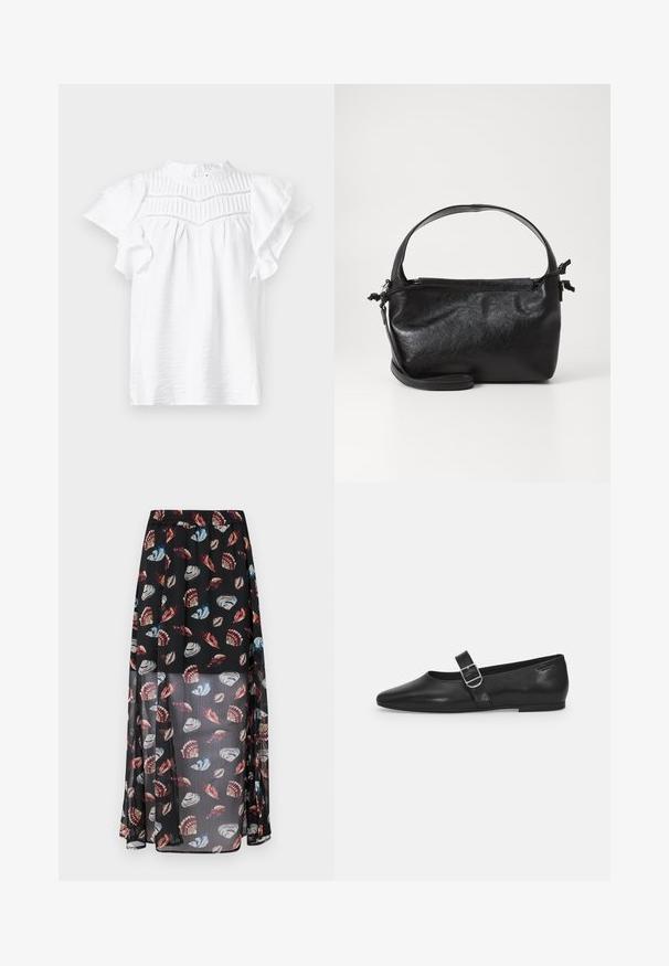 Blouse blanche à manches courtes avec un col haut, présentant des détails plissés et des manches Volantes, faite d'un tissu léger et texturé.; Jupe maxi noire et transparente avec une taille élastique, ornée d'un imprimé multicolore de coquillages et de papillons. Tissu léger et fluide.; Chaussure plate en cuir noir avec un bout arrondi, une seule sangle réglable à boucle et une texture lisse et brillante. Design minimaliste avec un petit talon.; Sac à main en cuir noir au design structuré, avec une poignée arrondie et une bandoulière amovible. Présente une texture lisse et un éclat subtil.
