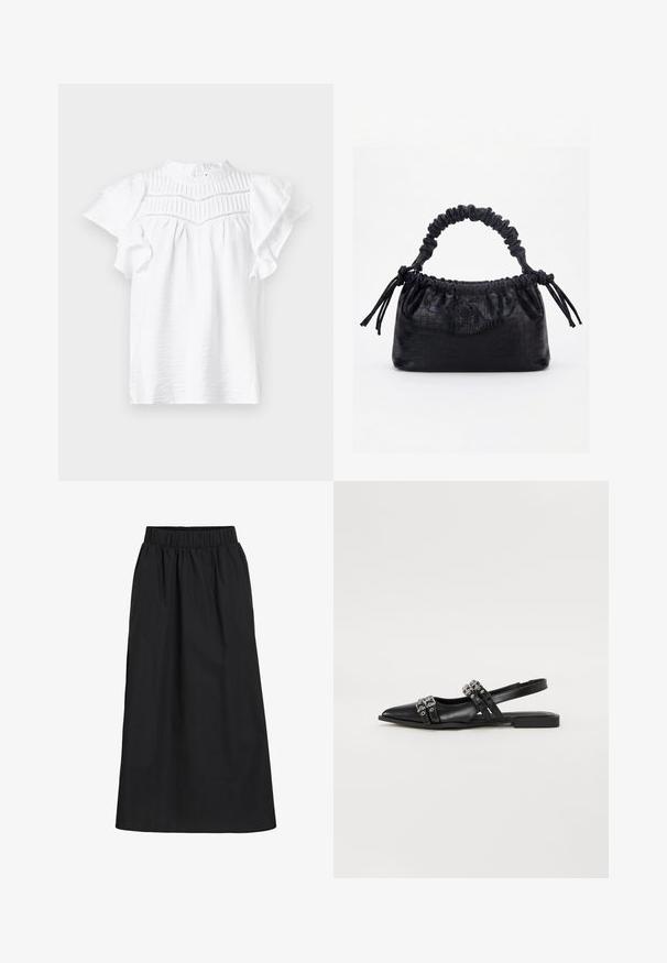 Blouse blanche à manches courtes avec un col haut, présentant des détails plissés et des manches Volantes, faite d'un tissu léger et texturé.; Jupe noire, longueur genoux, fabriquée en tissu doux et léger. Comprend une taille élastique et un design simple et fluide sans embellissements.; Even&Odd by Zalando Ballerines à brides arrière - black; Sac à main noir avec texture crocodile, bord supérieur froncé, poignée plissée et pompons à cordon de chaque côté sur fond blanc.