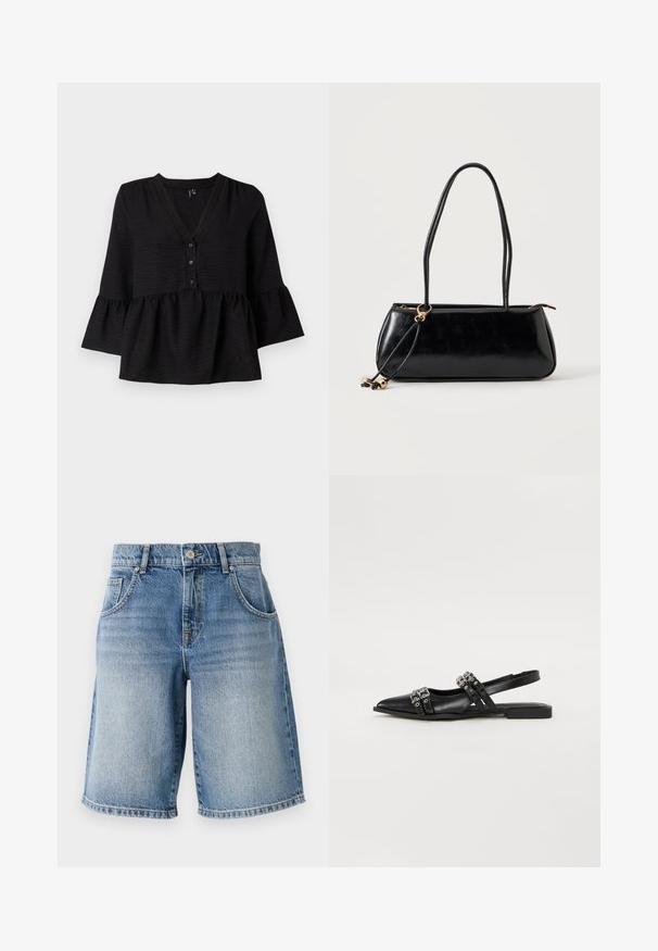 Blouse noire avec un décolleté en V, des boutons sur le devant et des manches évasées avec un ourlet volanté. Fabriquée en tissu texturé avec une coupe ample.; Shorts en denim bleu clair avec une coupe droite, cinq poches et quincaillerie en bronze. Présente un ourlet effiloché et une texture délavée.; Even&Odd by Zalando Ballerines à brides arrière - black; Sac à main rectangulaire noir avec deux longues bandoulières, détail anneau doré et fermeture éclair sur un fond clair uni.