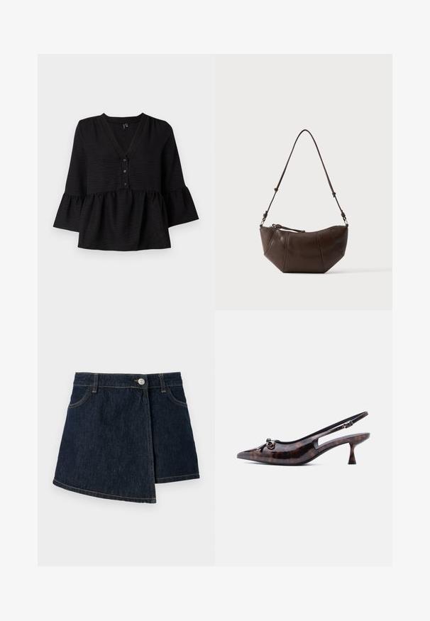 Blouse noire avec un décolleté en V, des boutons sur le devant et des manches évasées avec un ourlet volanté. Fabriquée en tissu texturé avec une coupe ample.; Jupe en denim avec une teinte foncée, de forme A, fermeture à boutons sur le devant et détails de couture subtils. Elle présente un design enroulé sur le côté.; Escarpin à talon kitten avec bride arrière et bout pointu, motif écaille de tortue et petit nœud décoratif à l’avant.; Sac à bandoulière en cuir marron avec un fond incurvé et une sangle réglable sur un fond clair uni.