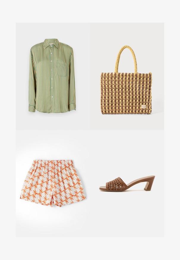 Chemise à manches longues avec des rayures verticales vertes et jaunes, dotée d'une poche poitrine et de boutons bleus. Fabriquée en tissu lisse.; Shorts blancs avec un motif de feuilles de palmier orange, taille élastique et coupe ample. Fabriqués en tissu léger, adaptés aux temps chauds.; Mule tissée marron à bout ouvert avec un talon bloc et un design slip-on sur fond blanc uni.; Sac tissé marron et jaune, de forme rectangulaire, avec deux poignées, et une finition texturée avec des coutures visibles et une étiquette de marque.