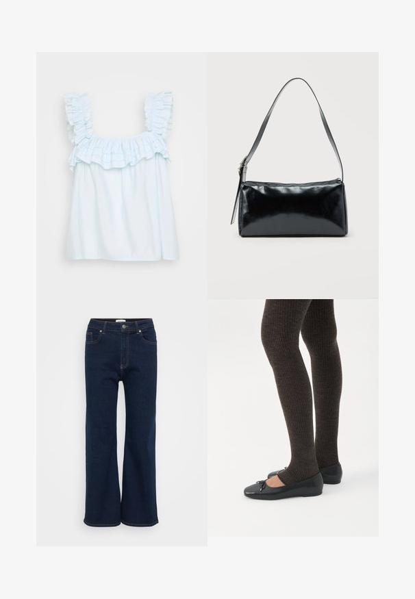 Lyseblå ærmeløs top med en flæsekrave og flæser ved skuldrene. Fremstillet af blødt stof, har en løs pasform og en glat tekstur.; Mørkeblå denim wide-leg jeans med lukning foran med knap og lynlås, fem lommer og kontrastsyde. Glat tekstur.; Ben iført mørke ribbede leggings kombineret med sorte balletsko med små sløjfedetaljer på hvid baggrund.; Sort rektangulær skuldertaske med en enkelt justerbar rem og lynlås i toppen på en ensfarvet baggrund.