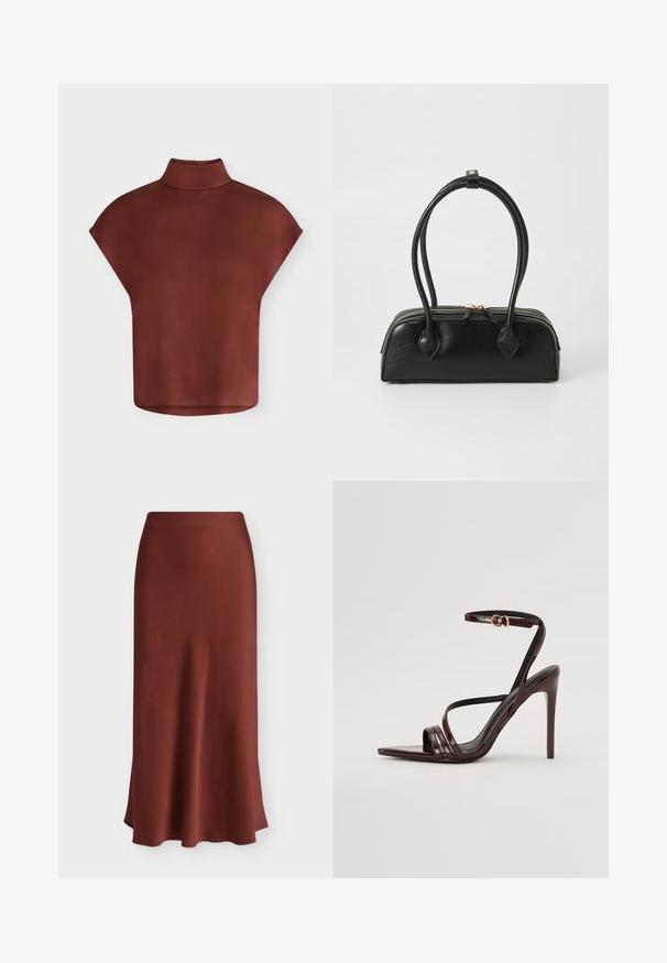Chemisier en satin marron à manches courtes, col montant et silhouette ample et carrée, présenté sur un fond blanc uni.; Jupe longue en satin marron avec un ourlet lisse et légèrement évasé, présentée sur un fond blanc uni. Aucun motif ni ornement visible.; Sandale à talons hauts en cuir verni bourgogne avec une bride de cheville, bout pointu et trois bandes horizontales sur le pied. Détail de boucle dorée.; Sac à main en cuir noir avec deux anses allongées, fermeture éclair et forme arrondie ; texture lisse avec une finition légèrement brillante.
