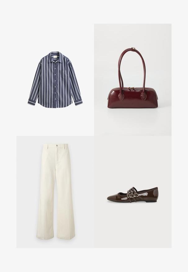 Chemise à manches longues boutonnée avec rayures verticales bleu marine et blanc, poche poitrine et col classique, étendue à plat sur un fond blanc.; Pantalon large blanc cassé avec passants pour ceinture, fermeture frontale à boutons et détails visibles des coutures avant, présenté sur un fond neutre.; Chaussure plate en cuir verni marron avec bout pointu et trois brides ajustables à boucle sur le côté, vue du profil extérieur.; Sac à main en cuir bordeaux avec une forme courbée, deux poignées, fermeture éclair et détails de couture subtils. Fini lisse et brillant.