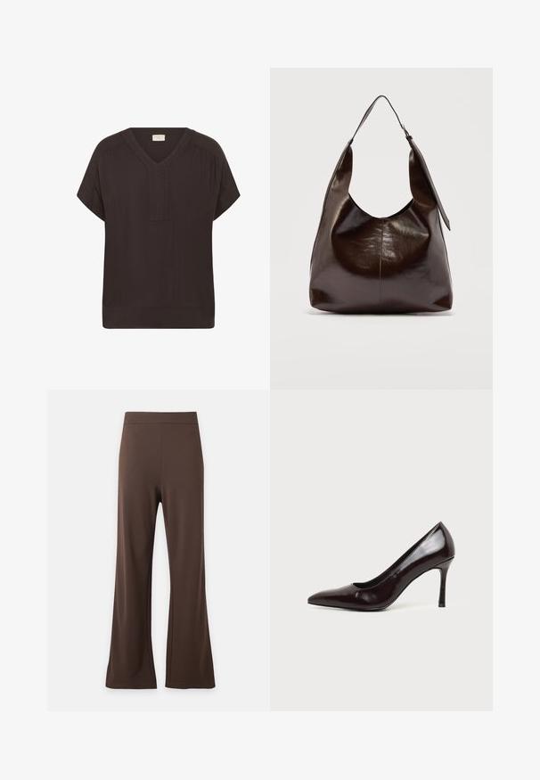 Chemise marron foncé à manches courtes avec col en V et coupe décontractée, présentant des fronces subtiles aux épaules et un ourlet large en bas.; Pantalon marron à jambes droites, taille haute, sans boutons ni fermetures visibles, sur un fond uni clair.; Chaussure à talon haut en cuir noir à bout pointu avec un talon aiguille fin sur un fond clair uni.; Sac à bandoulière en cuir marron foncé brillant avec une seule large sangle et un détail de boucle sur un côté, posé sur un fond clair uni.