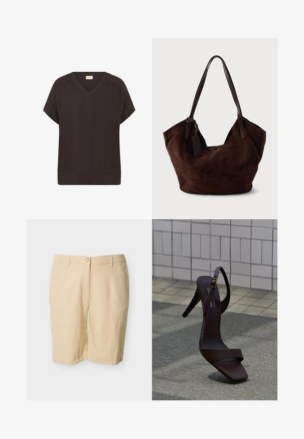 Chemise marron foncé à manches courtes avec col en V et coupe décontractée, présentant des fronces subtiles aux épaules et un ourlet large en bas.; Shorts beige longueur genou, coupés sur mesure, avec fermeture à bouton, passants pour ceinture et design à plat sur un fond uni.; Sandale noire à talon haut avec bride à la cheville et boucle, posée sur un trottoir gris devant un mur carrelé.; Handbag en cuir suédé marron avec une forme douce et souple. Doté de poignées en cuir et d'une étiquette décorative. Texture plain avec des coutures courbes.