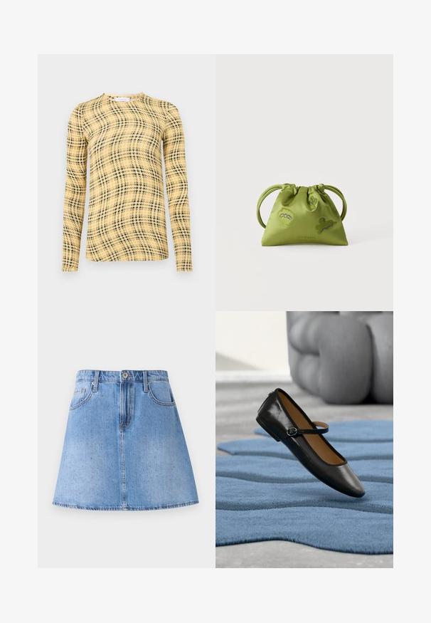 Rabanne Langarmshirt - green/yellow/cream; Hellblauer Jeansrock in A-Linie mit Knöpfen vorne, Reißverschluss, Gürtelschlaufen, vorderen Taschen und dezenten funkelnden Verzierungen.; Schwarzer Mary-Jane-Schuh aus Leder mit Schnallenriemen, präsentiert auf einem strukturierten blauen Teppich, mit einem unscharfen grauen, gepolsterten Sofa im Hintergrund.; Grüne Beuteltasche mit Kordelzug und zwei Henkeln, verziert mit gestickten blauen und grünen abstrakten Formen, vor weißem Hintergrund.